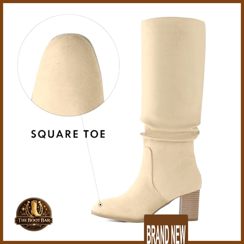 Knee High Boots Suede Chunky Heel Square Toe Slouchy Side Zipper Dress Shoes - Picture 3 of 6